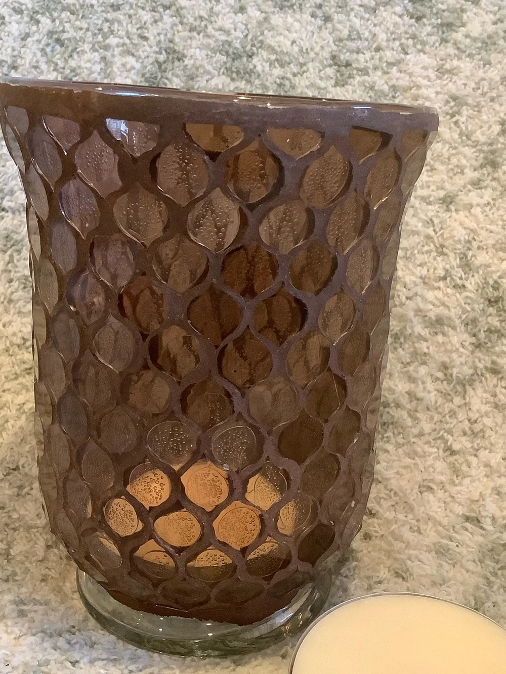 Brown Glass Moroccan Bohemian Romantic Candle Hurricane with 2 xl votives NWT